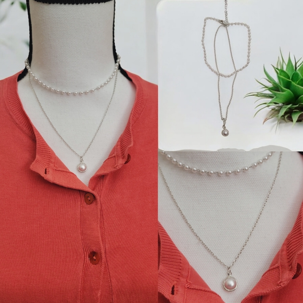 2 layered dainty simulated pearls in Silver-tone
